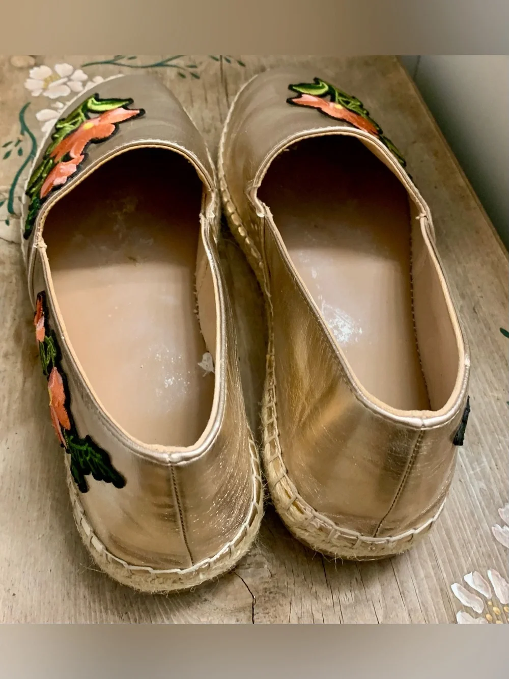 a new day Gold Espadrille Slip-Ons with Pink Floral Applique